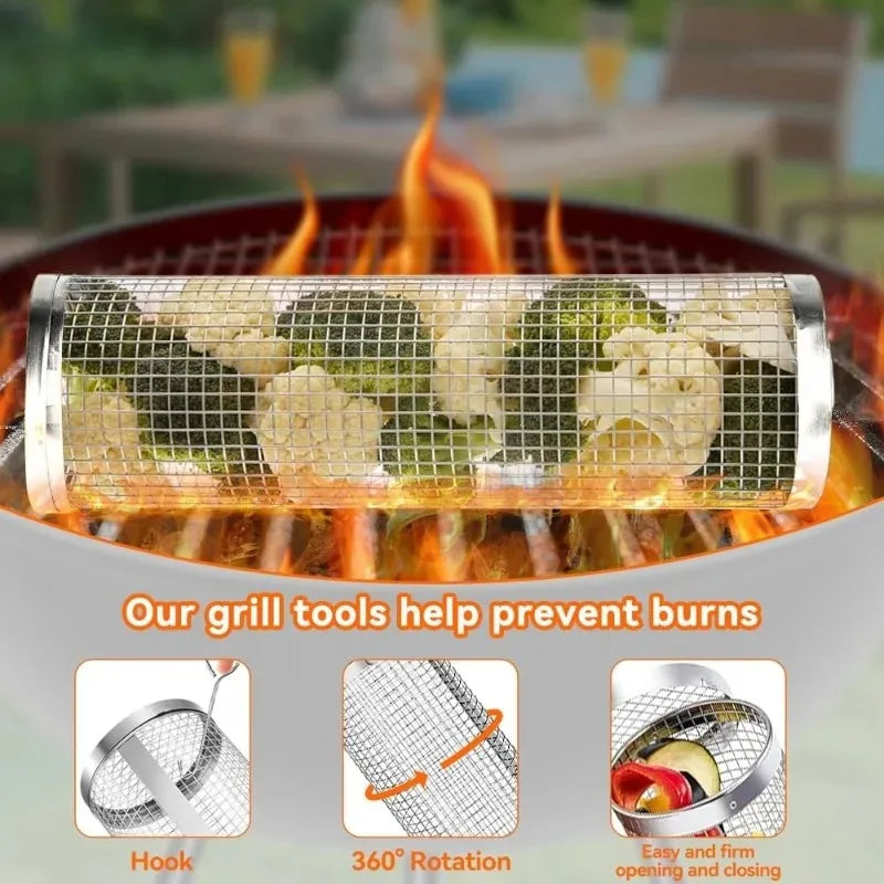 Stainless Steel Rolling Barbecue Basket Cylindrical Barbecue Basket Wire Mesh Portable Outdoor Barbecue Grill