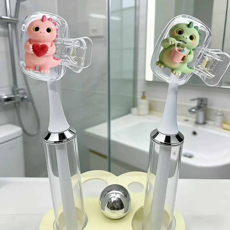 2pcs Cute Little Dinosaur Toothbrush Head Covers for Couples Storage Box Toothbrush Cover Holder Bathroom Accessory for Travel