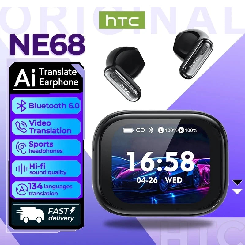 HTC NE68 AI Translator Wireless Bluetooth Earphones Touch Screen TWS  HiFi Sound Earbud Noise Reduction For IOS Android PC