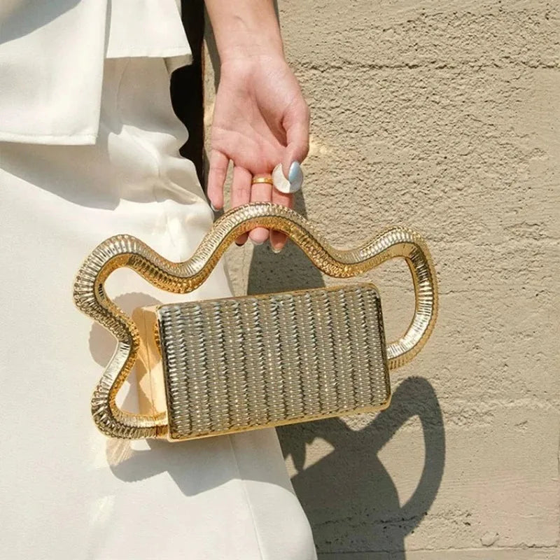 Luxury Evening Bag Designers Original New Unique Wavy Cloud Shaped Handle Box Clutch Bag Metal Textured Hard Shell Shoulder Bag