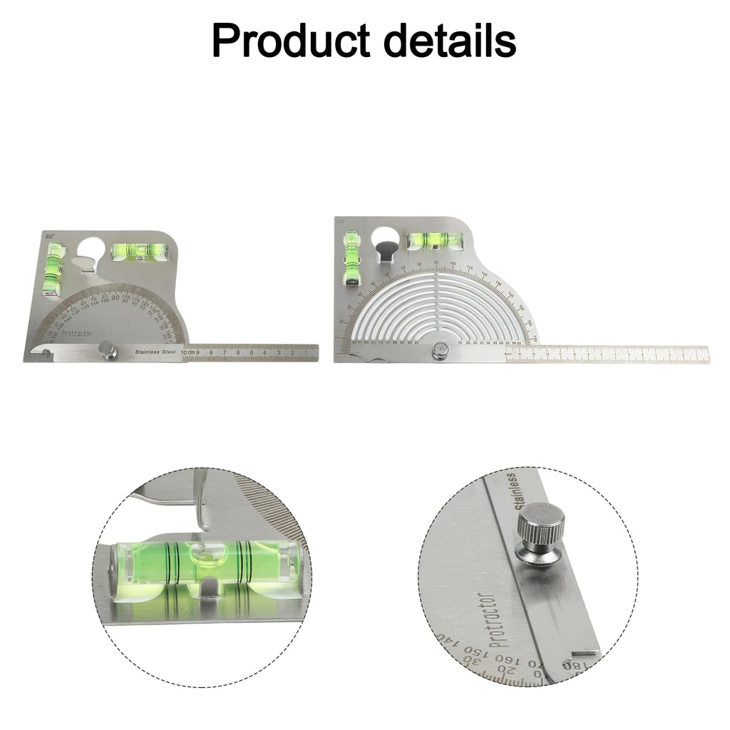 180 Degree Adjustable Stainless Steel Angle Ruler Measuring Tool with Level Protractor and Fixed Scale for Precision Tasks