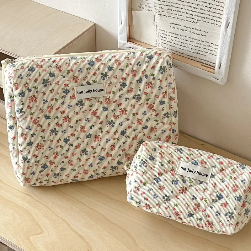 3pcs Floral Clutch Bag Flower Quilting Cotton Makeup Bag Women Zipper Cosmetic Organizer Handbag Portable Toiletry Case for Girl