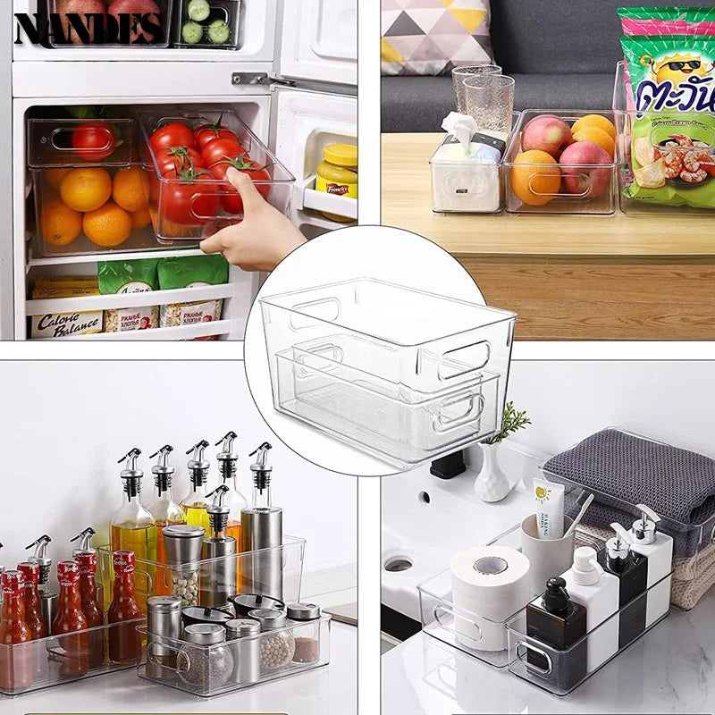 Refrigerator Organizer Bins Stackable Fridge Food Storage Box With Handle Clear Plastic Pantry Freezer Organizer Tool