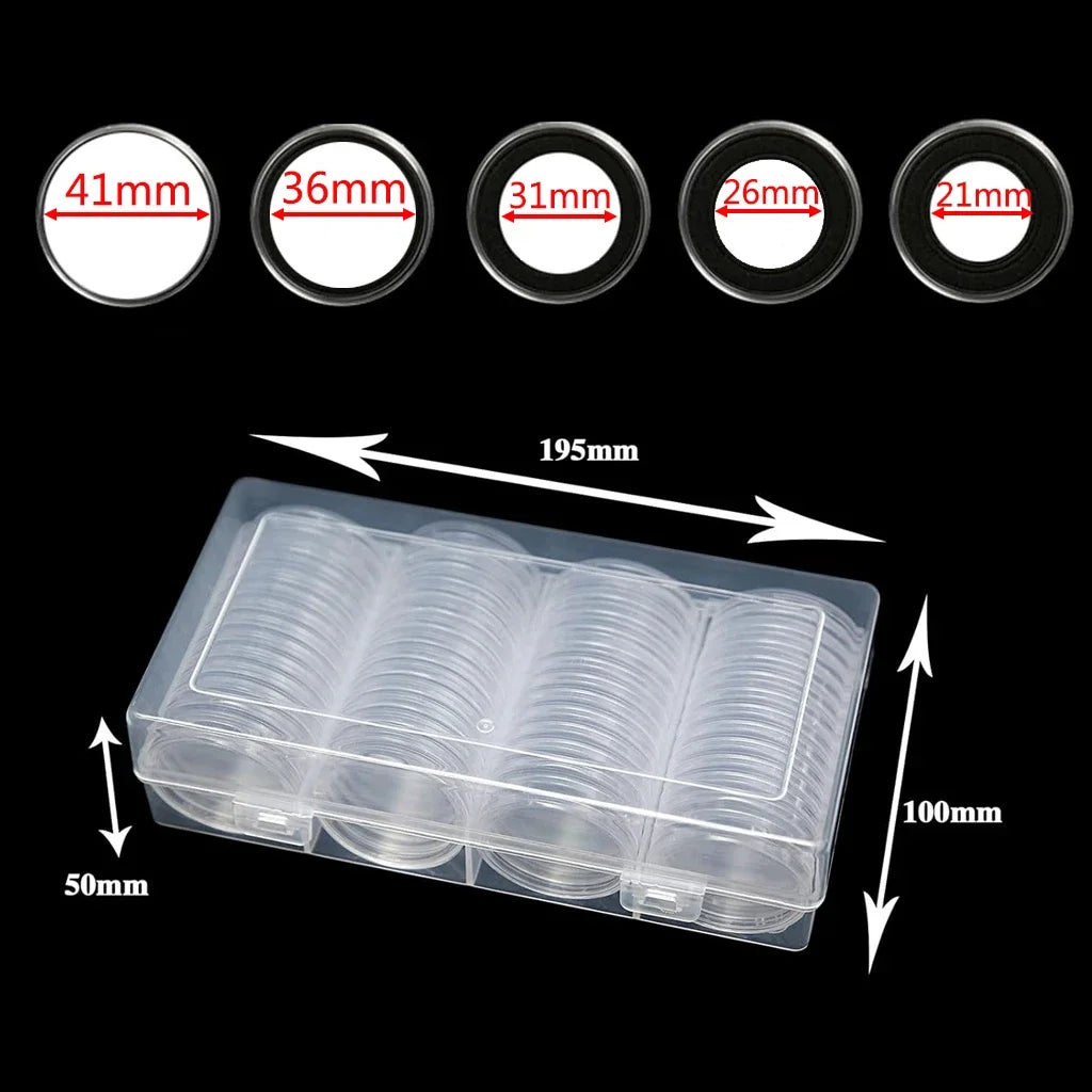 60Pcs Transparent Coin Capsules with Black Foam Gaskets and Organizer Box for 21mm/26mm/31mm/36mm/41mm Coins Collection Supplies