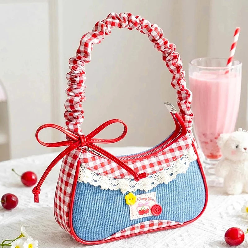 Y2K Grid Bowknot Underarm Bag Women Lace Shoulder Bag Korean Style Aesthetic Handbag Large Capacity Crossbody Bag Fashion Cute