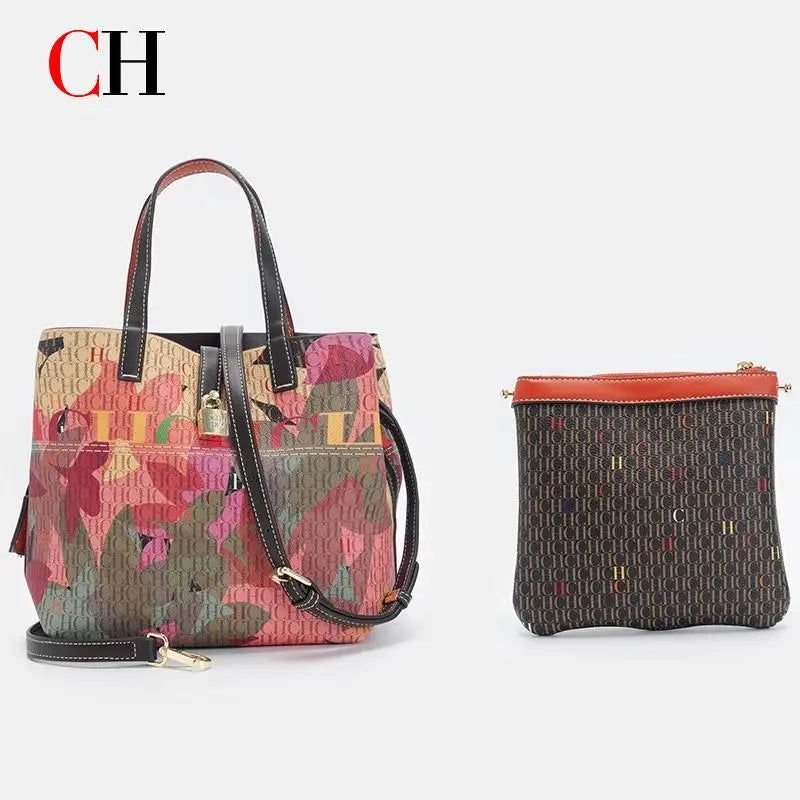 CH Letter Print Tote Bag Set 2 in 1 Large Capacity Women Handbag with Detachable Strap + Mini Clutch Casual Office Shopping Bag