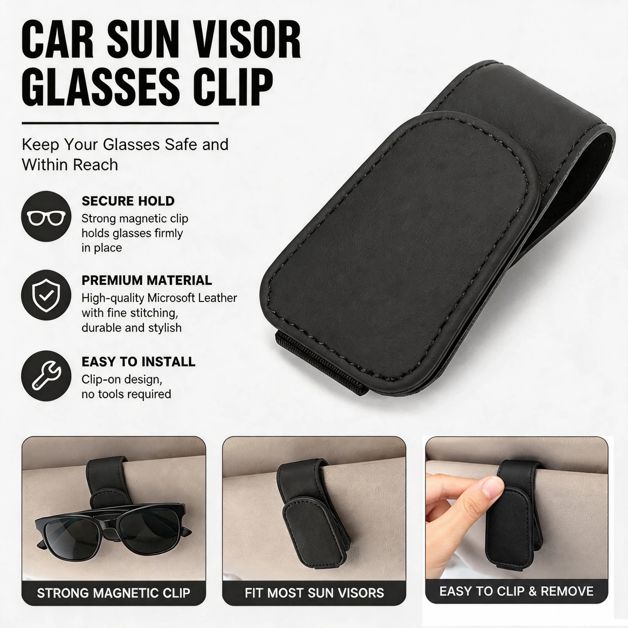 Car Eyeglasses Hanger Magnet Car Sun Visor Glasses Holder Microsoft Leather Clip Sunglasses Holder Ticket Clip Glasses Mount