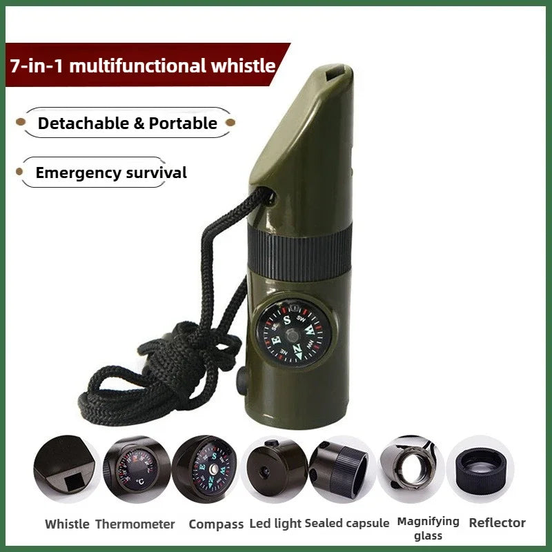 1Pcs 7 in 1 Multifunction Survival Whistle Compass Thermometer LED Light Outdoor Emergency Rescue Camping Hiking Safety Tool EDC