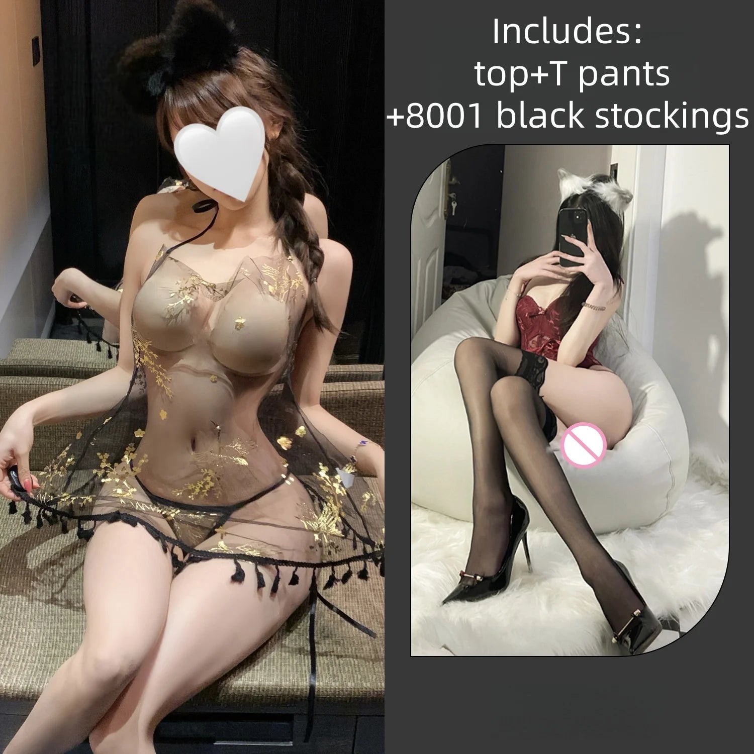 New Flirtatious Backless Chinese Style Hot Stamping Crane Nightgown Neck Hanging Suspender Perspective Erotic Lingerie Seductive