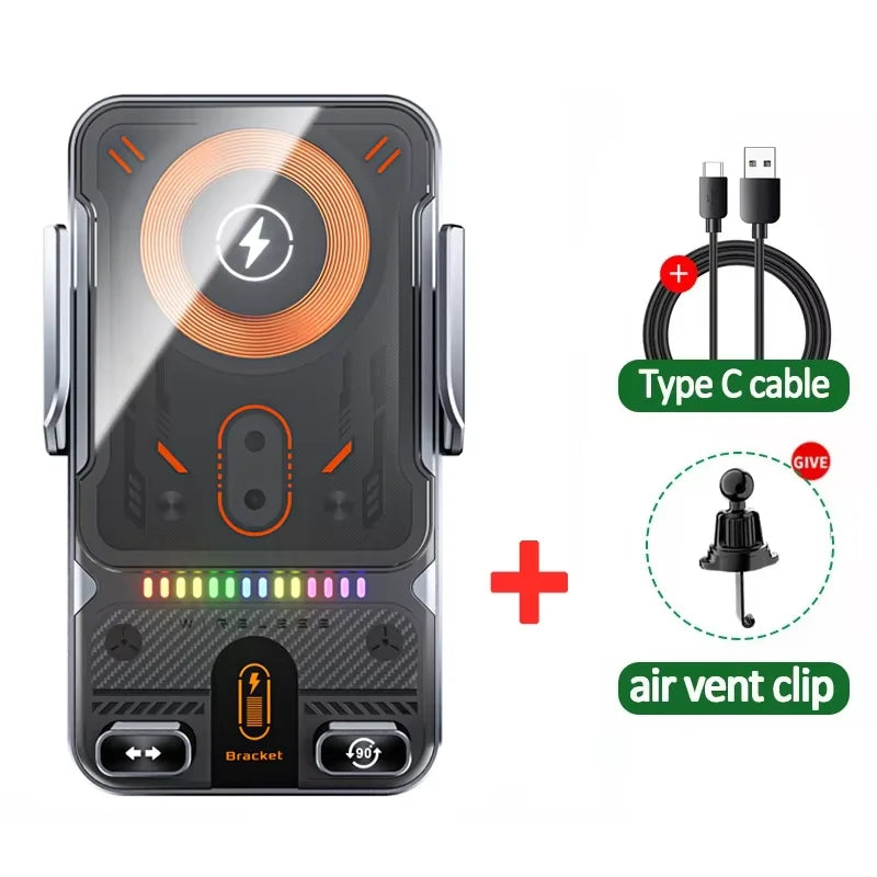 Auto-Clamping Car Wireless Charger Phone Holder Stand Touching 360 Rotation RGB Fast Charging Bracket For iPhone 17-12 Samsung