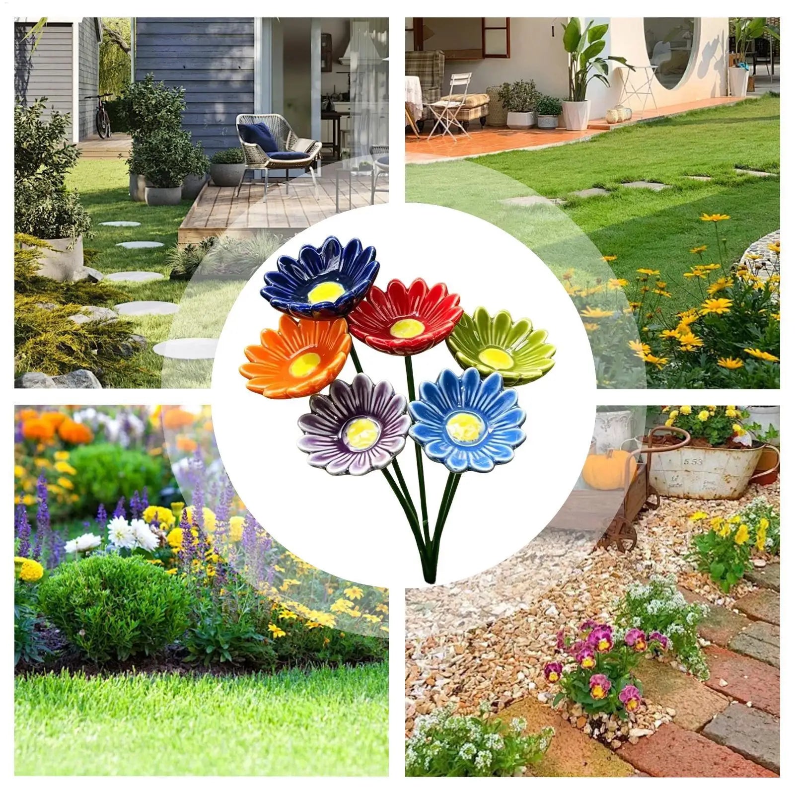 6pcs 4.5x20cm Ceramic Bee Water Station, Flower Garden Bird Bath, Bee & Butterfly Drinking Fountain for Yard Patio Lawn Decor