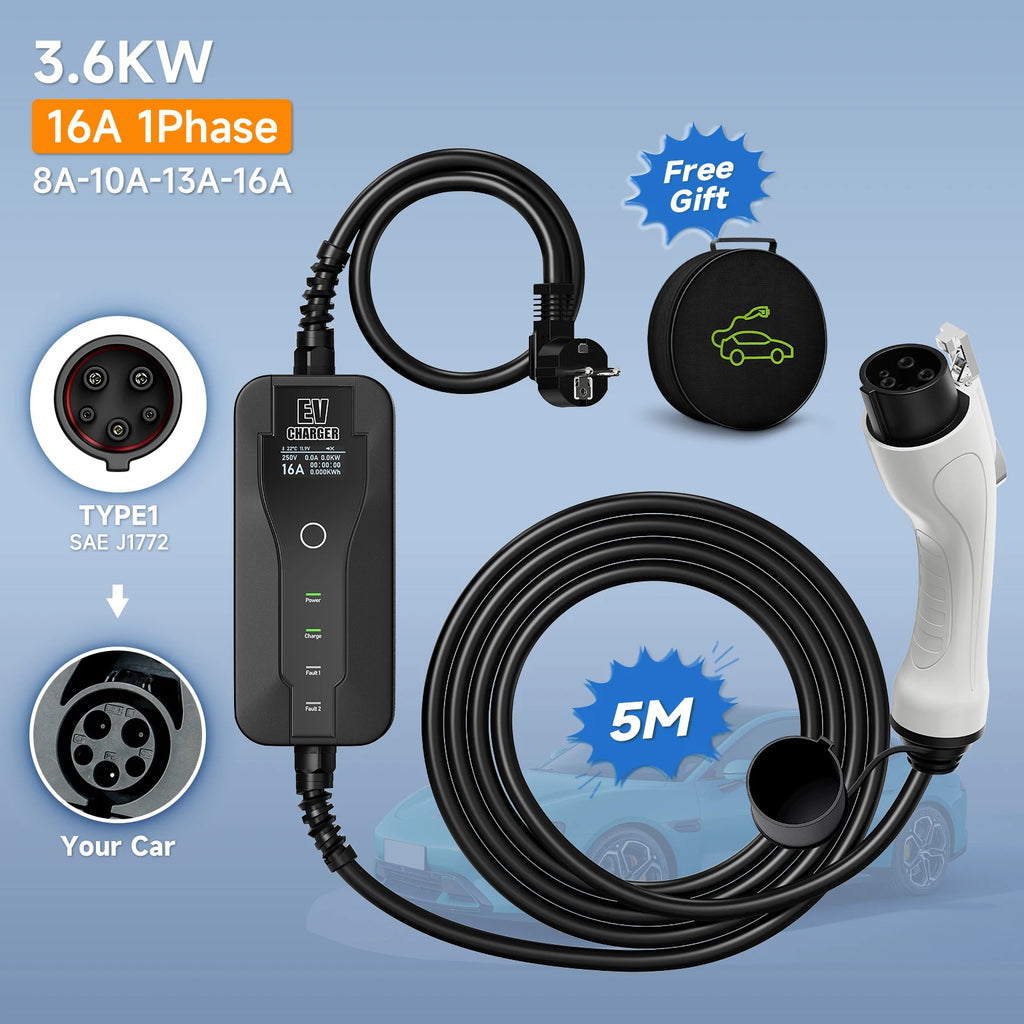 AFYEEV 16A 3.6kw 5m Type2 Type1 EV Charger Portable GBT Electric Vehicle Charger EVSE Charging Cable Safety and Reliable Wallbox