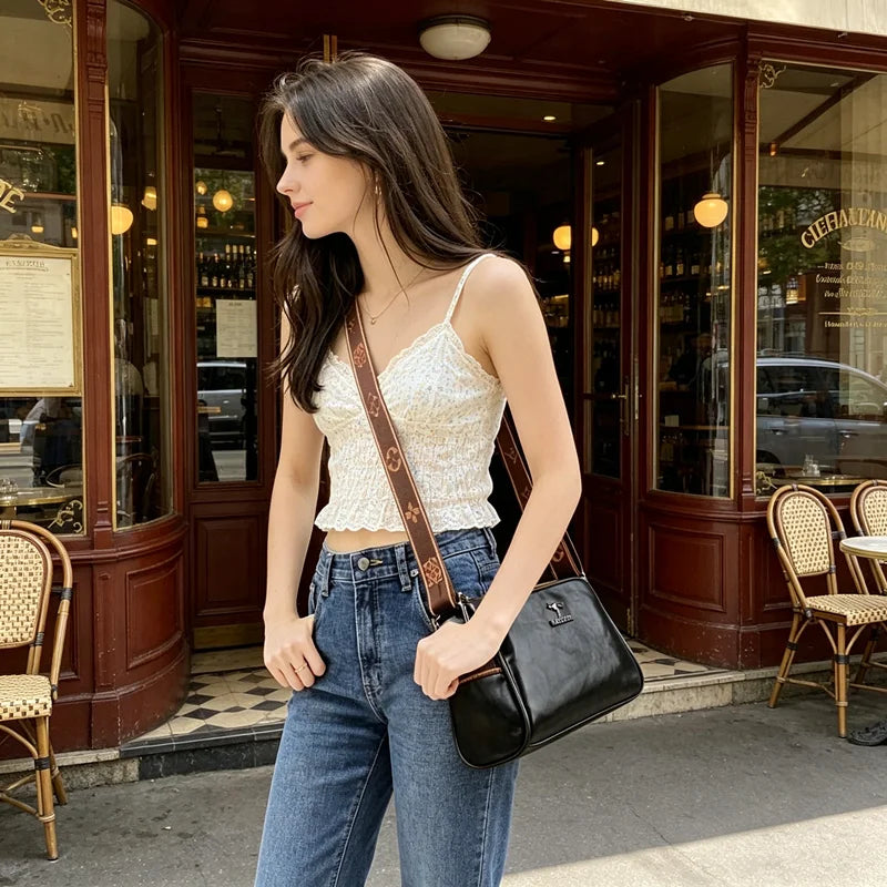 Vintage White Black Crossbody Bag with Retro Brown Monogram Strap Spacious Versatile Stylish for City Strolls and Casual Outings