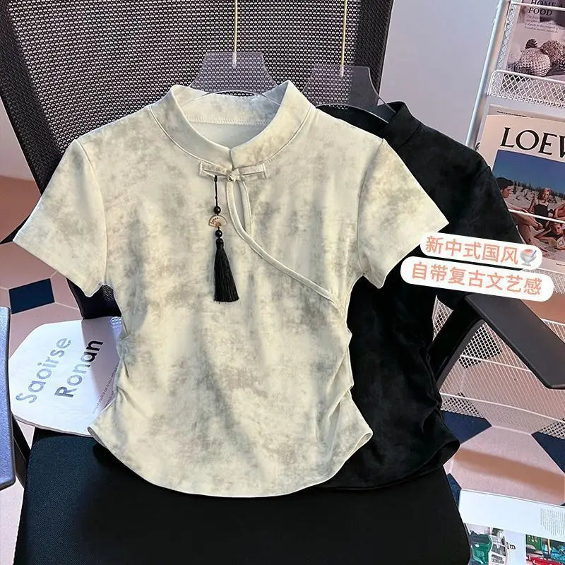 Plus-size women's summer new Chinese style versatile mandarin button tie-dye irregular fitted collar short-sleeve T-shirt