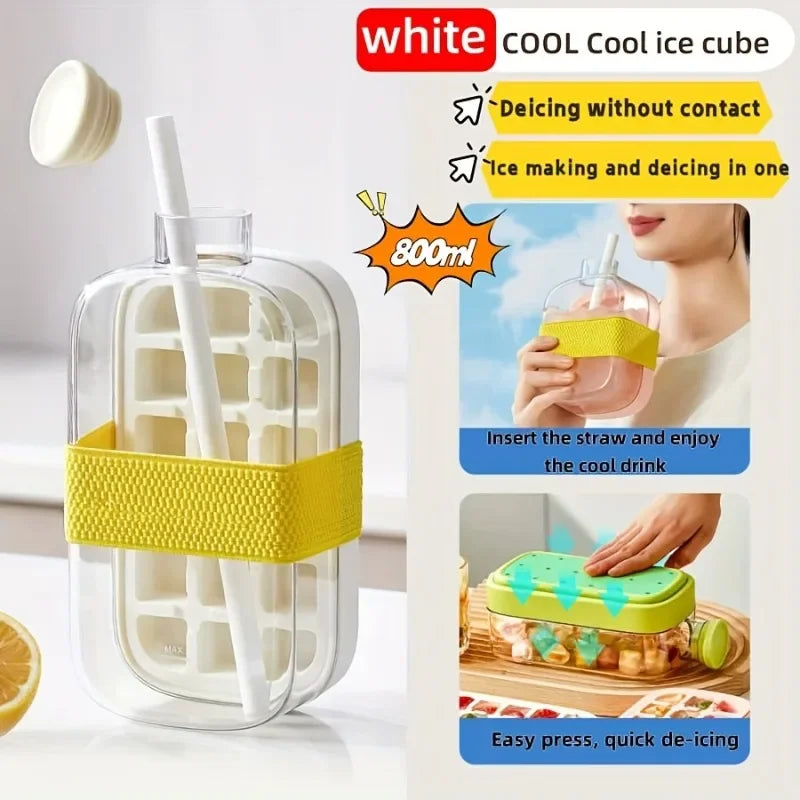 Large Capacity Ice Cube Maker Water Bottle Silicone Tray with Straw for Juice Beverage Cooling Stackable Design Durable Plastic