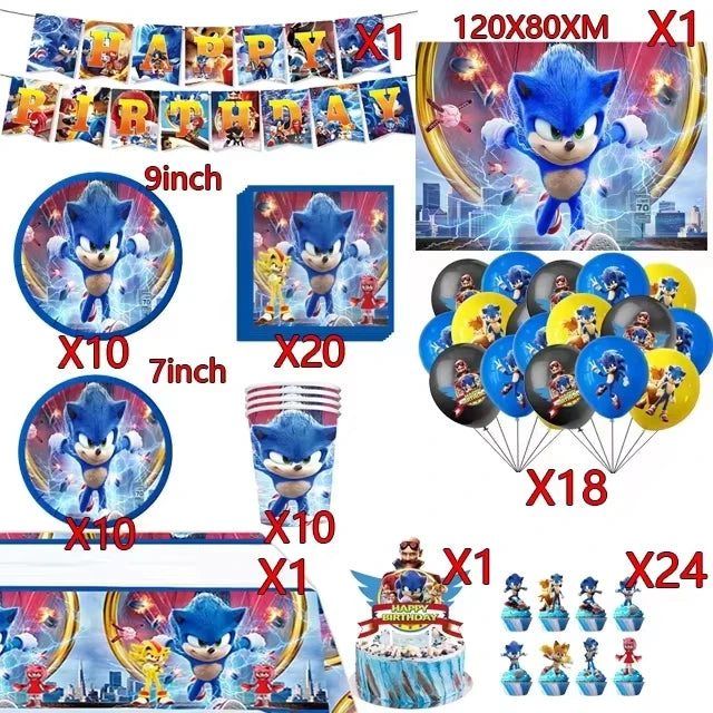 Sonic Birthday Party Supplies Hedgehog Action Figure Disposable Tableware Paper Plates Cup Knife Fork Spoon Baby Bath Toys