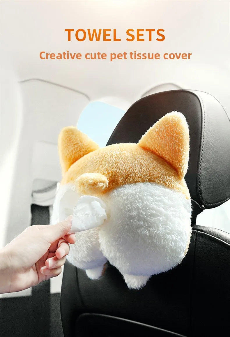 Creative Car Tissue Box, Corgi Cartoon Car Tissue Cover, Multi-Functional Car Armrest Box, Seat Back Tissue