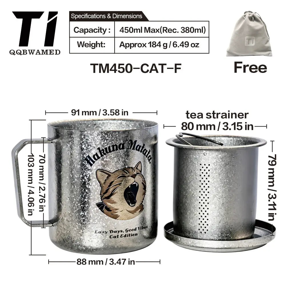Titanium Mug Double-Layer Anti-Scald Titanium Cup Camping Coffee Cup 450ml Cat and Dog Themed Couple's Cup