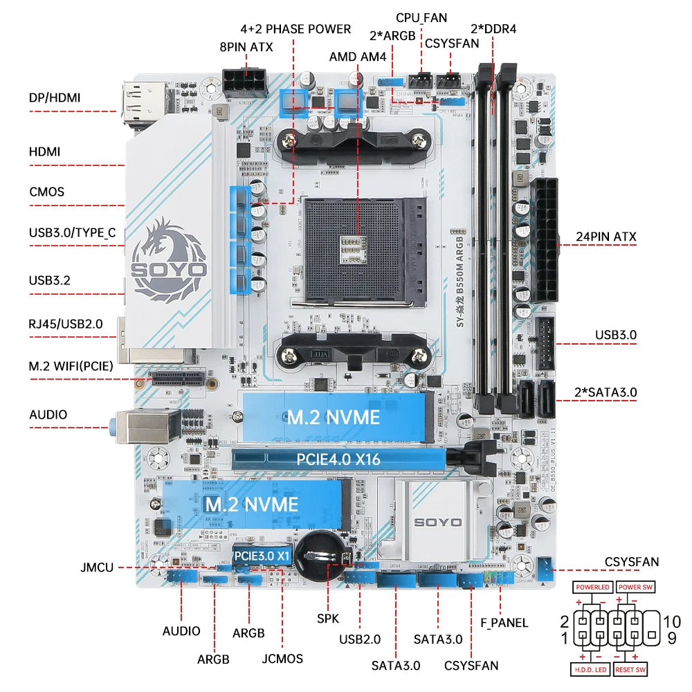 SOYO AMD B550M Gaming Motherboard USB3.1 M.2 Nvme Sata3 DDR4 Dual Channel Supports RYZEN R3 R5 R7 3000 4000 5000 CPU AM4 Socket