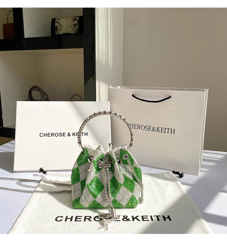 Luxury Designer Green Plaid Rhinestones Diamond Evening Clutch Bag Wedding Party Bucket Purse Women's Handbag Crossbody Bag