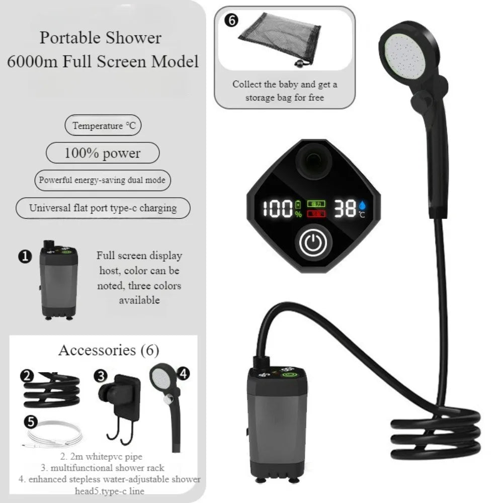 Portable Camping Shower with Rechargeable Pump - 6000mAh Outdoor Shower Kit W/ 20L Foldable Bag for Travel, Garden & Car Wash