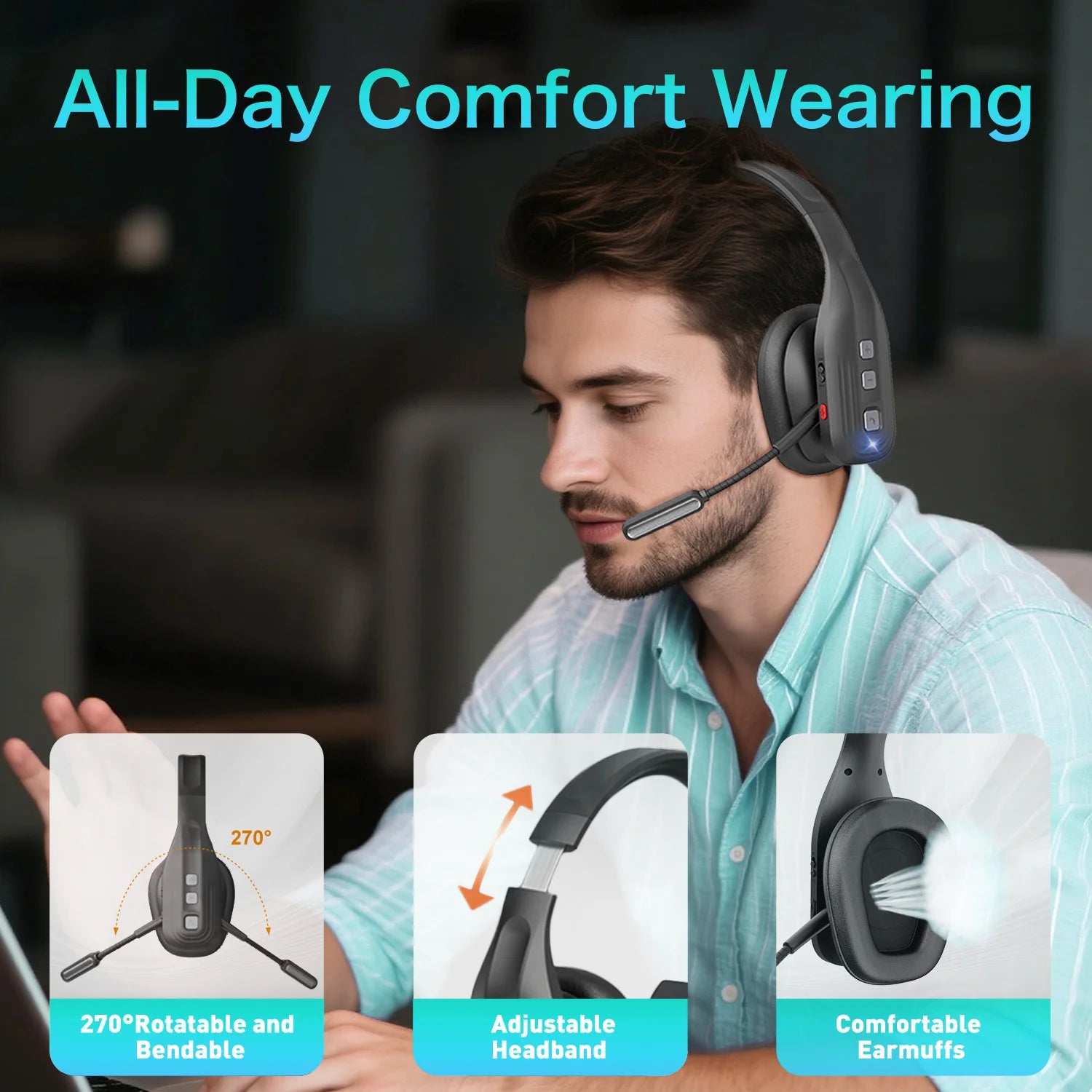 Truck Driver Headset with Dual Mic Noise Cancelling Bluetooth 5.3 Headphones Wireless Earbuds with Hands-Free for Office Driving