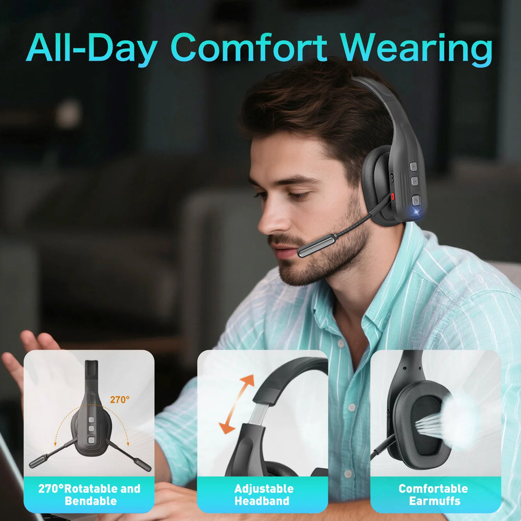 Truck Driver Headset with Dual Mic Noise Cancelling Bluetooth 5.3 Headphones Wireless Earbuds with Hands-Free for Office Driving