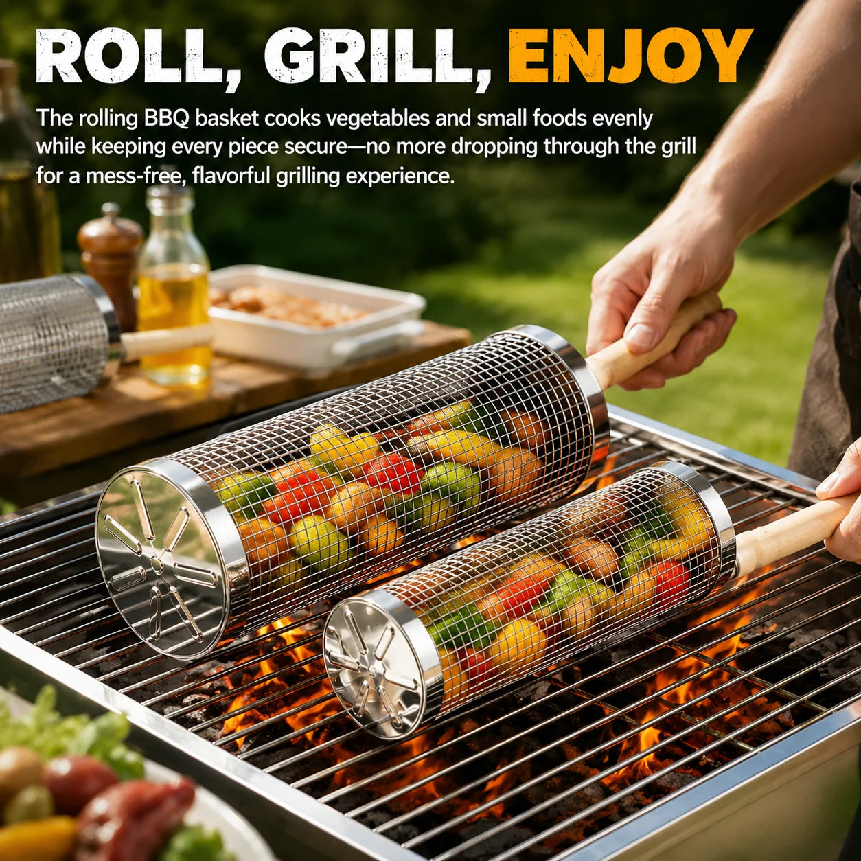 4/6/8 Pack Stainless Steel Rolling Grilling Basket Set Wooden Handle Outdoor Camping BBQ Vegetable Meat Grilling Accessories