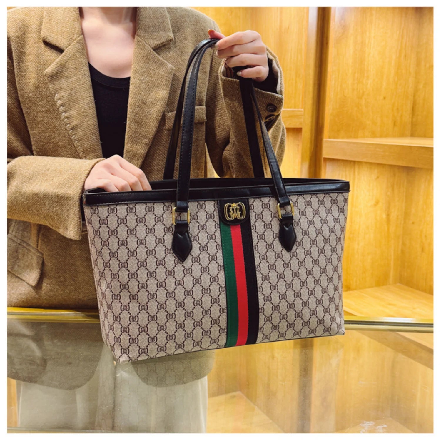 Fashionable Luxury Coffee Colored Floral Handbag with Red and Green Striped Design, Soft Leather, Large Capacity Underarm Bag