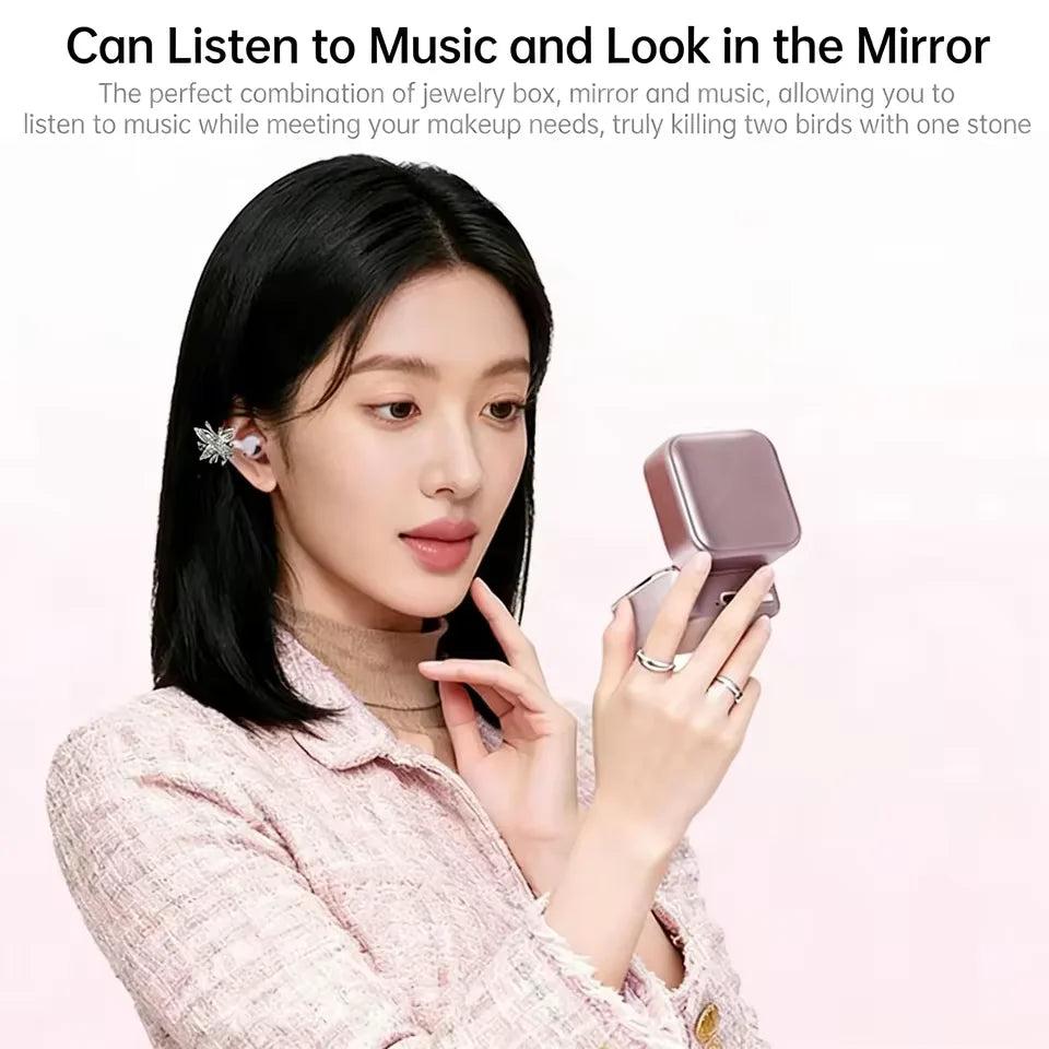 New Ear Clip Wireless Bluetooth 6.0 Earphones Headphones Jewelry Box With Makeup Mirror Fill Light For Fashion Gift TWS Earbuds
