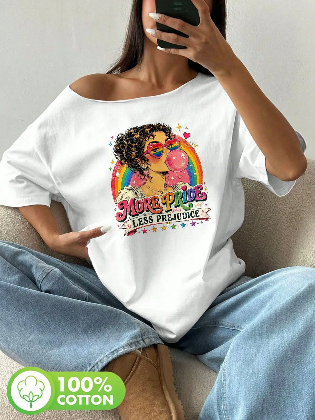 Plus Size Women's Retro Rainbow Pride Heart Sunglasses Graphic Tee 100% Cotton Shoulder Loose Print T-Shirt Oversized Y2K Sty