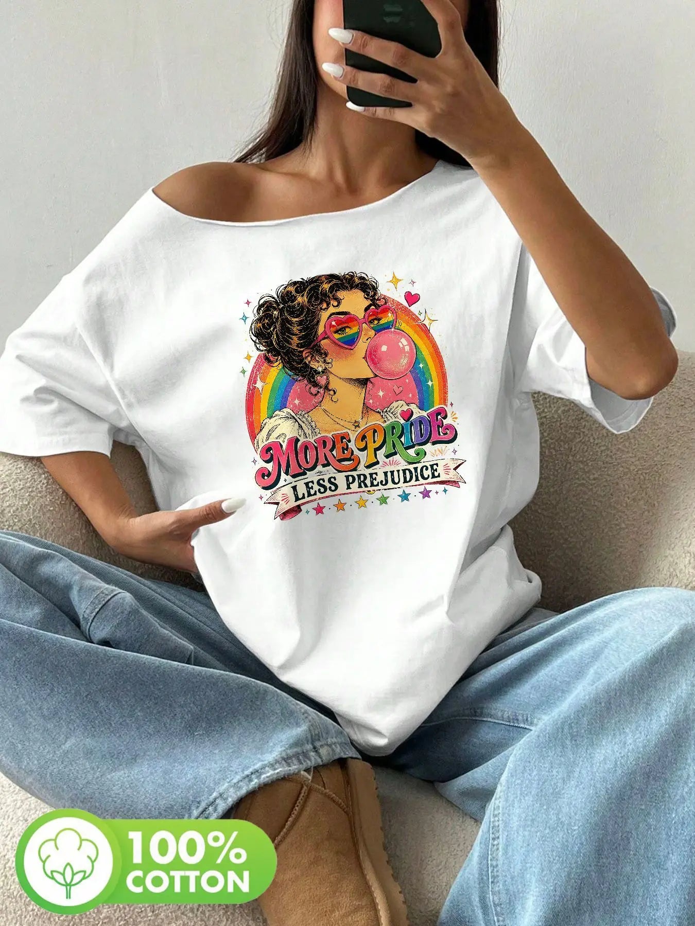 Plus Size Women's Retro Rainbow Pride Heart Sunglasses Graphic Tee 100% Cotton Shoulder Loose Print T-Shirt Oversized Y2K Sty