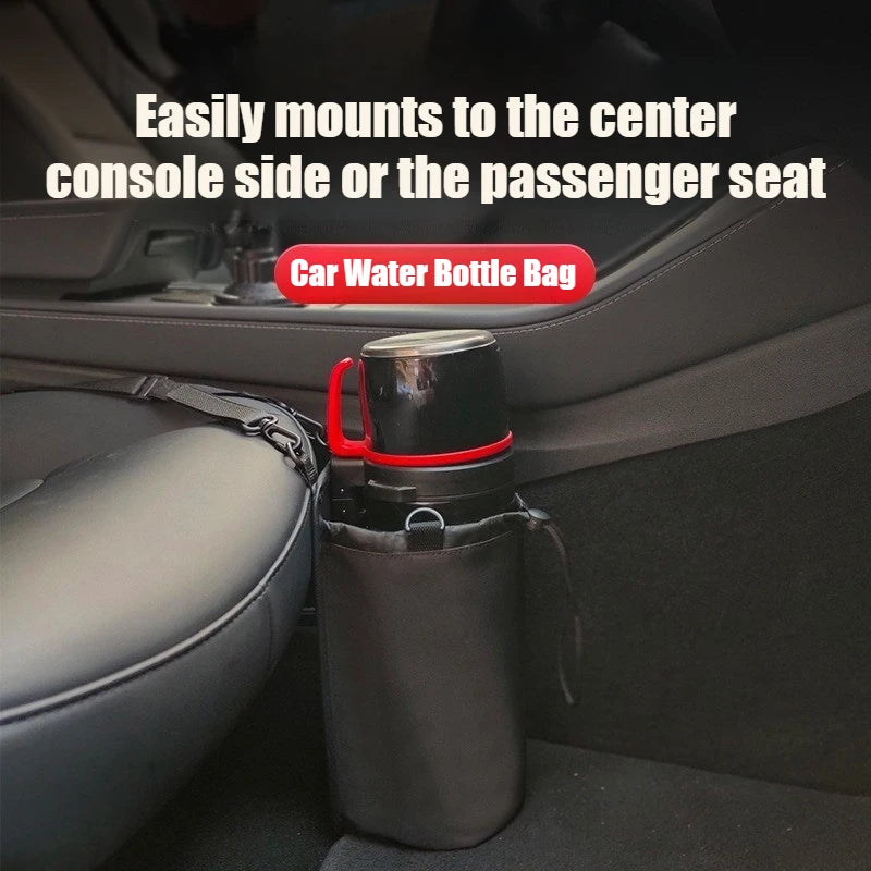 Universal Car Water Bottle & Thermos Holder For Center Console Side Mount with Storage Pocket Adjustable Strap Interior Organize