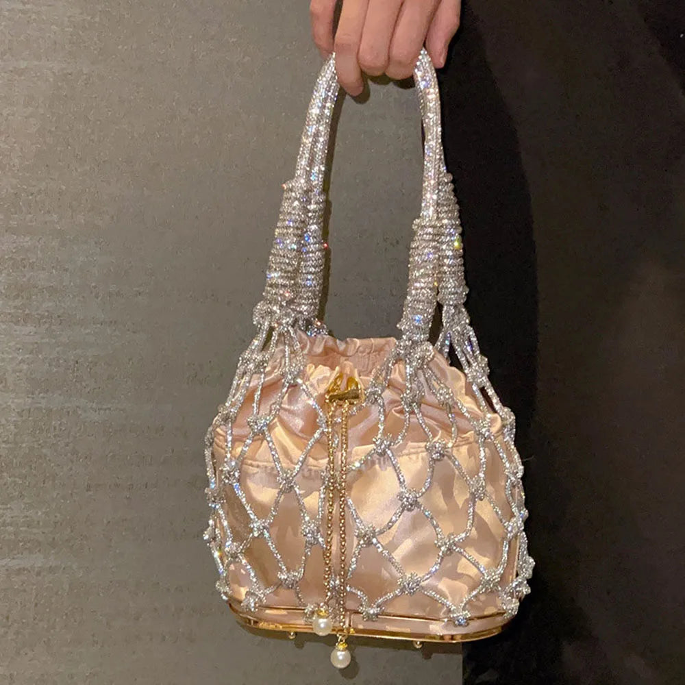 New Spring Summer Hollow Out Women Handbag Shiny Rhinestone Mesh Bag Bucket Shape Underarm Bag Trendy Shoulder Bags For Ladies