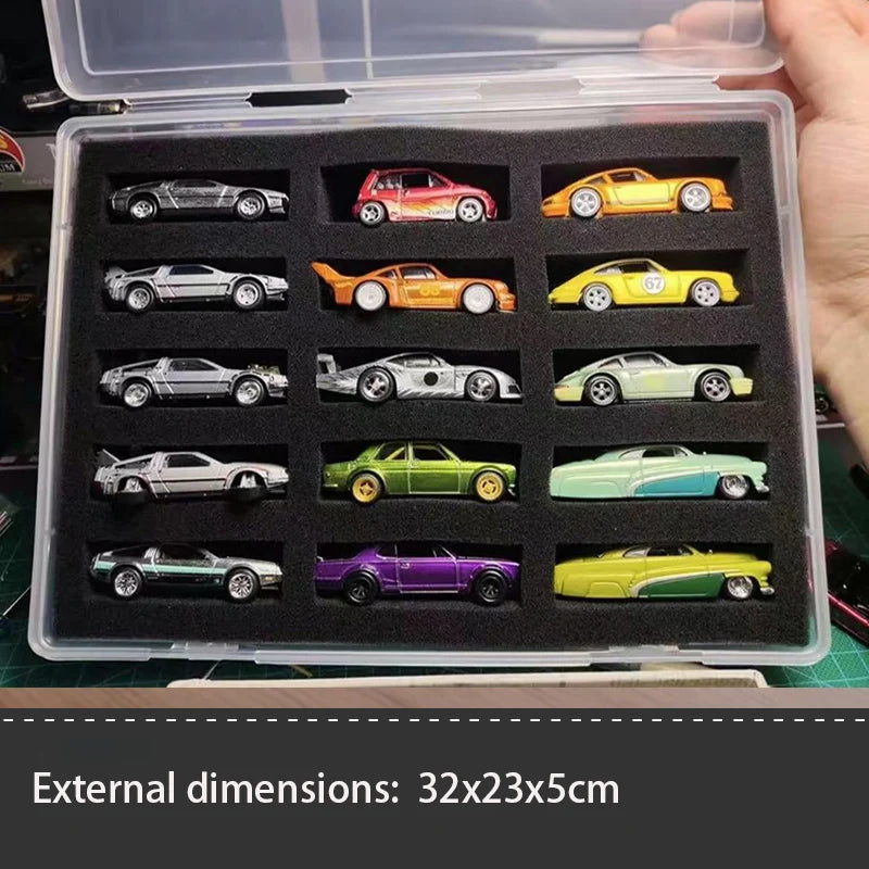 Transparent Storage Box with Lid and Cotton Plate, 15-position Display Case for 1/64 Car Models, Hot Wheels Showcase