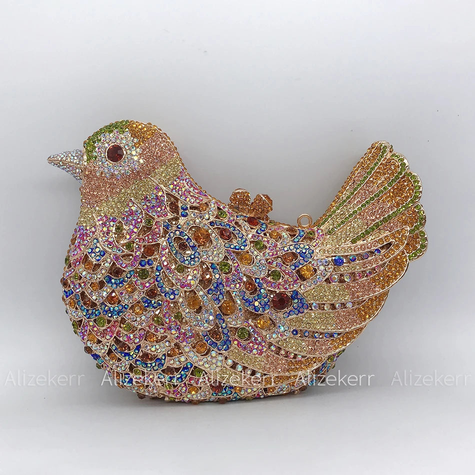 Alizekerr Pigeon Shaped Crystal Evening Bags Women Gorgeous Rhinestone Metallic Bird Clutch Purses Ladies Unique Handbags Party