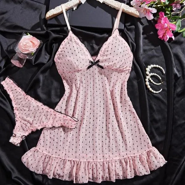 Women Blue Polka Dot Mesh Babydoll Slip Nightgown Ruffle Mini Dress Matching Thong Romantic Honeymoon Sleep Lingerie Set