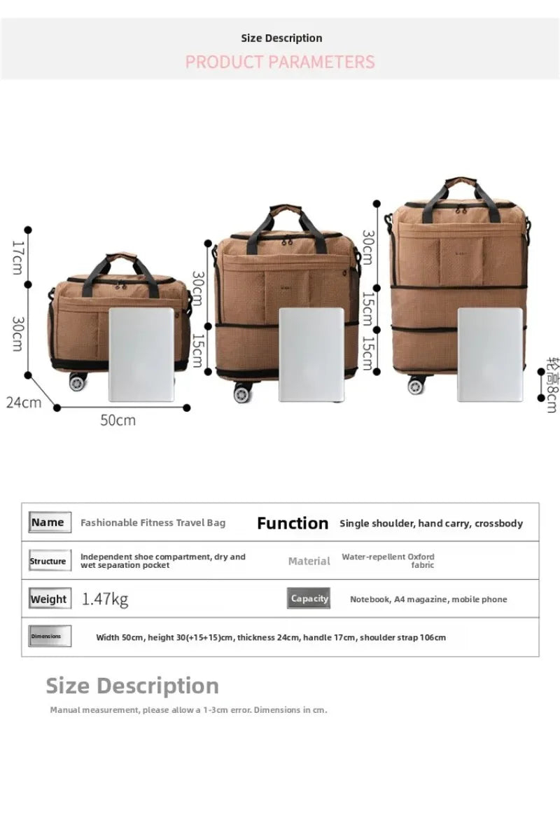Large Capacity Double Expandable Rolling Travel Bag Oxford Foldable Wheeled Duffle Multi-purpose Commute Luggage Storage Handbag