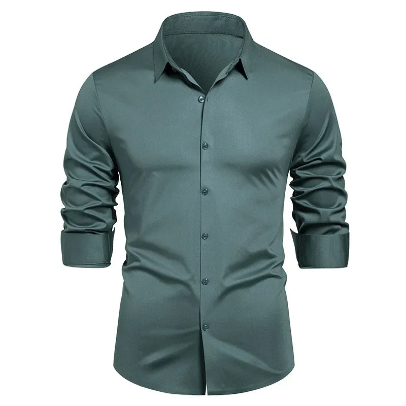 High-end Formal Work Shirts Men Spring Autumn Long Sleeve Elastic Shirt Anti-wrinkle Free Ironing Business Comfort Slim Workwear