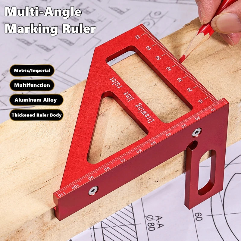 3D Multi-Angle Measuring Ruler,45/90 Degree Aluminum Alloy Woodworking Square Protractor,Drawing Line,Miter Triangle Ruler