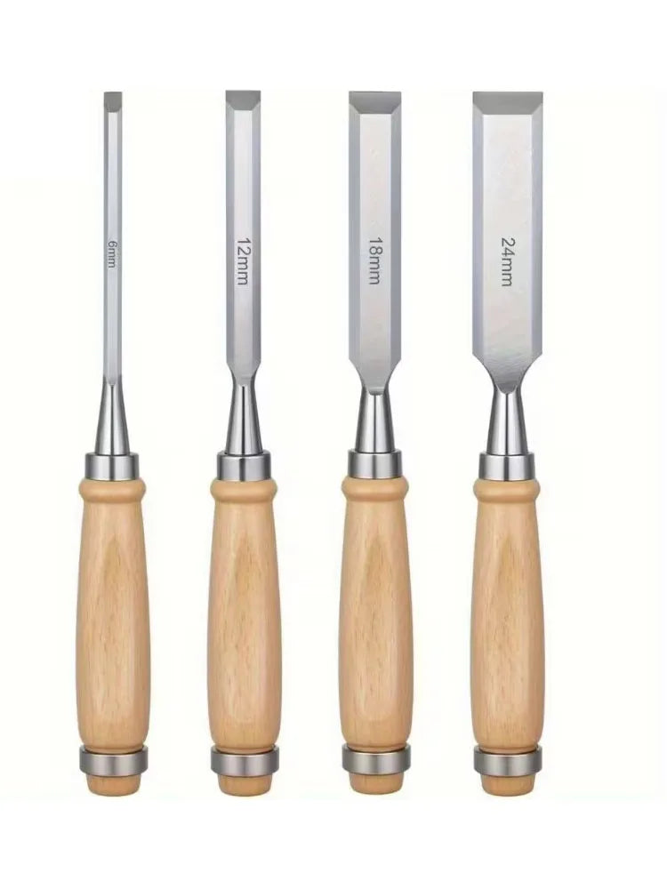4pcs Professional Woodworking Chisel Set - 6-24mm Beveled Blades, Chrome Vanadium Steel, Solid Wood Handle