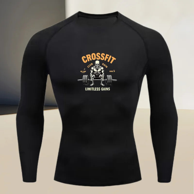 Men's long sleeved round neck thin sports tight fitting quick drying T-shirt, suitable for bodybuilding and physical training