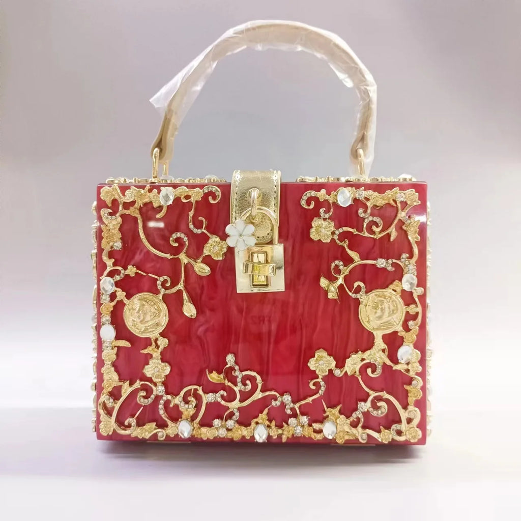 Luxury Acrylic Crystal Evening Bag Female New Hollow Out Metal Carved Flower Diamond Handbag Box Chic Shoulder Crossbody Bag Sac