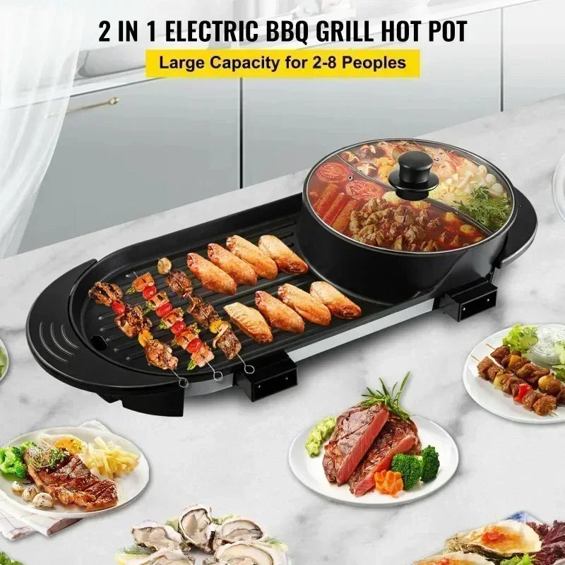 Electric Barbecue Pot 2-in-1 Hot Pot Barbecue Pot Smoke-free Fast and Uniform Heating Independent Dual Temperature Control
