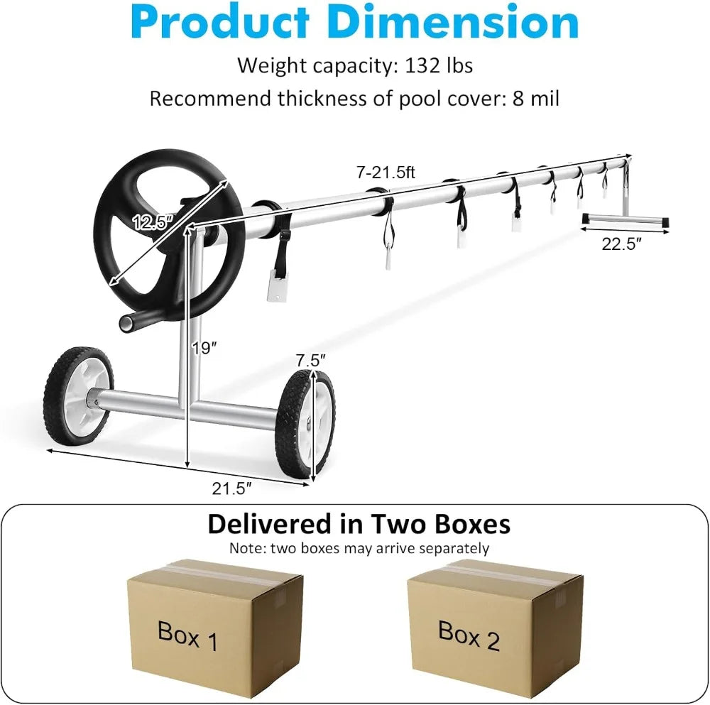 18 FT Adjustable Aluminum Pool Cover Reel with Hand Crank and Wheels for Inground Swimming Pools