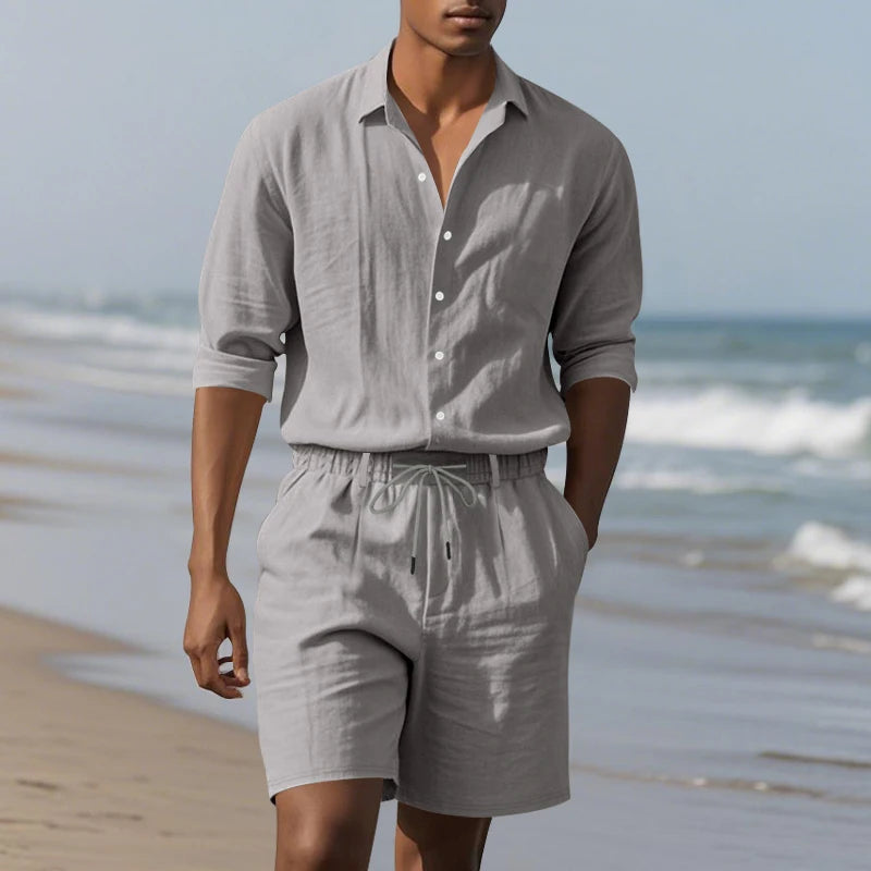 Men's Loose Trendy Linen Two-Piece Set: Shirt and Drawstring Shorts, Lightweight Summer Beach Casual Sports Outfit