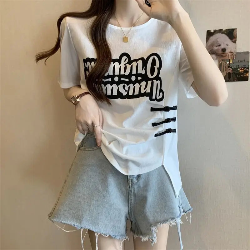 Summer large-size women's clothing is popular, waist and thin irregular buckle design printed short-sleeved T-shirt