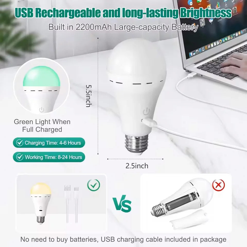 USB-C E27 Rechargeable LED Bulb Wireless Remote Control Battery Operated Dimmable Light with Timer