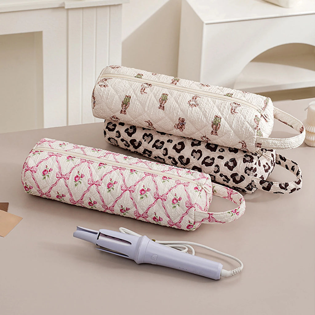 Quilted Soft Portable Carrying Case Zipper Hair Air Wrap Dryer Case Cute Cozy Soft for Skincare Beauty Accessories Brushes