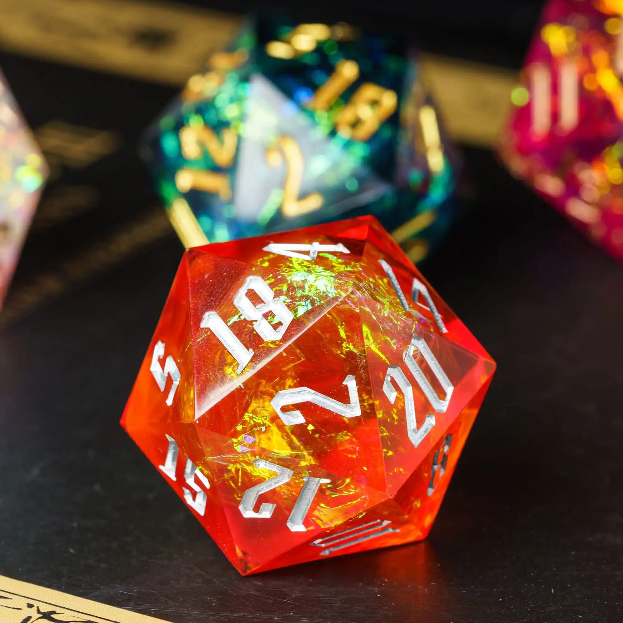 Cusdie 33mm Rainbow Film D20 Dice, 20 Sided Resin Sharp Edges Dice, Single D20 Polyhedral Dice, for Role Playing Board Game